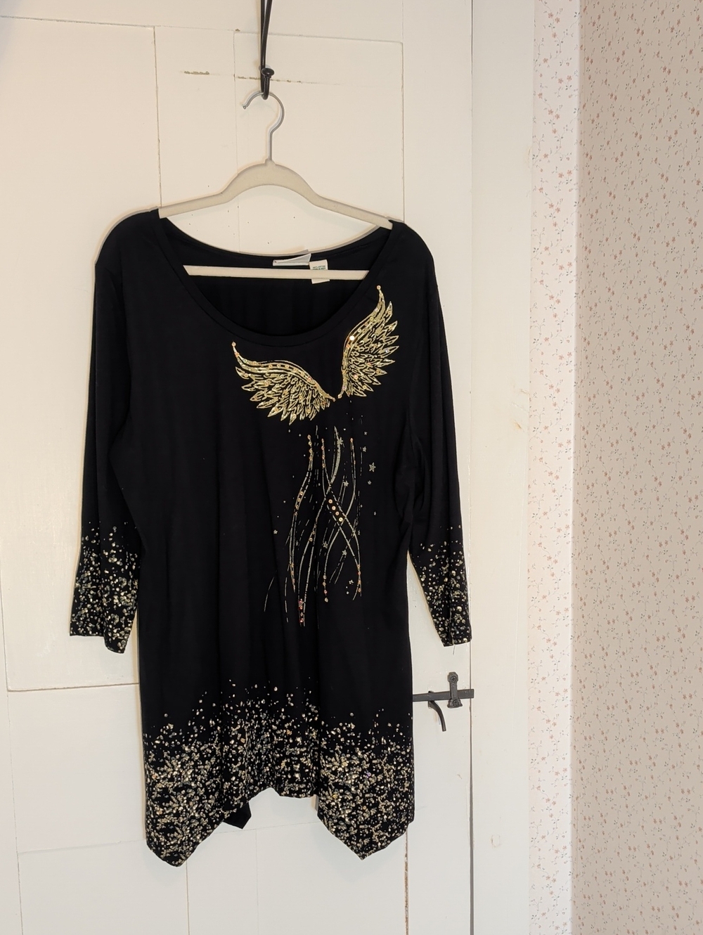 Collections Etc. Tunic Top Black Gold Bling Long Sleeve Wings Detail Cotton XL